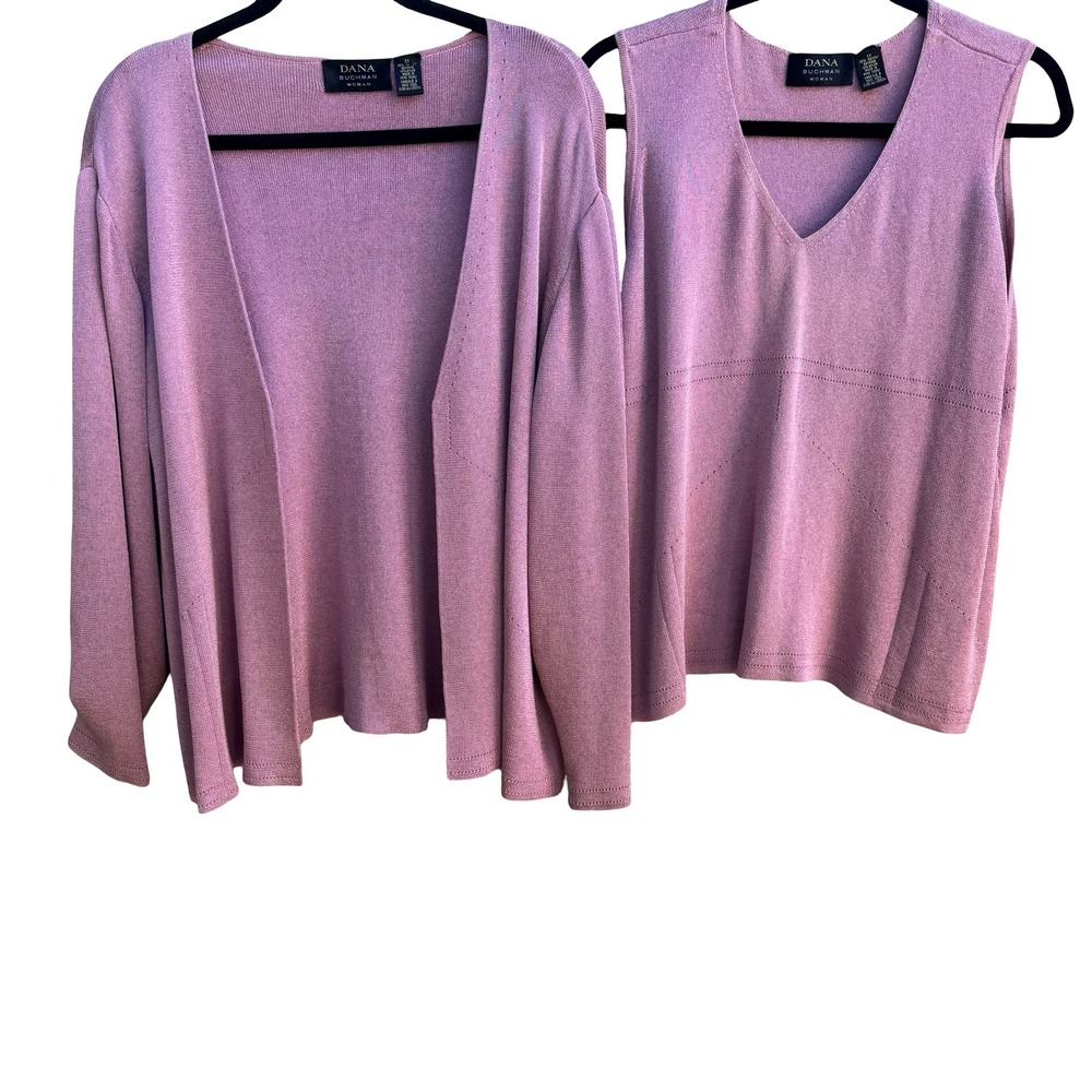 Dana Buchman Coastal Mauve Pink Pointelle Knitwear Cardigan Tank Twin Set 1X 2X